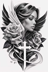 sacred-cross-tattoo – tattoo design ideas free ai generated – neotraditional-bold-texture – for-upper-back – Gallery: crosses-inkby-ai