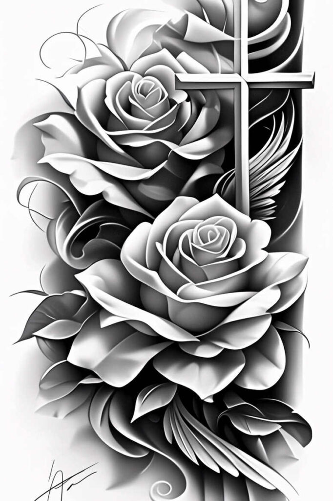 spiritual-cross-tattoo – tattoo design ideas free ai generated – neotraditional-enhanced-shading – for-upper-arm – Gallery: crosses-inkby-ai