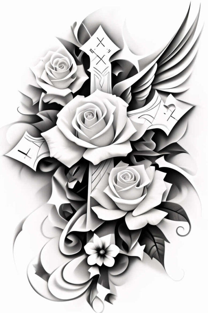 crosses tattoo design ideas Surrealism shifting shapes cross with roses for full back
