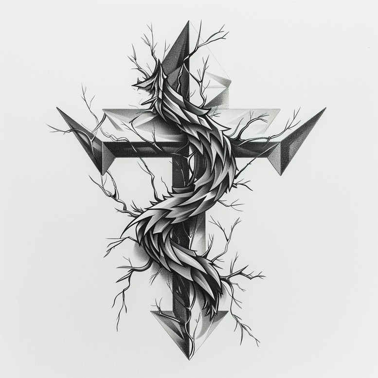 crosses tattoo design ideas Surrealism fragmentation detailed lines for calf