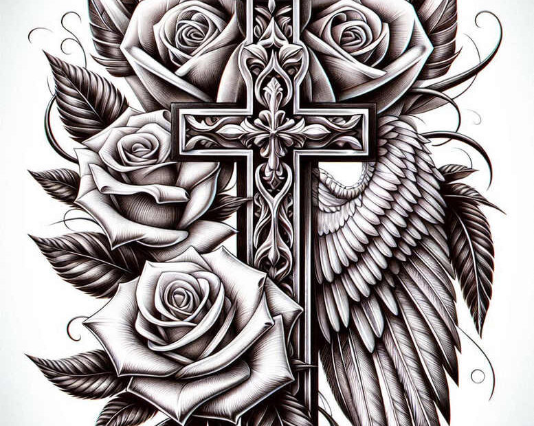 Cross with ornate gothic frame, roses, wings, and leaves in black and grey; AI-generated tattoo project; suitable for cover-up.
