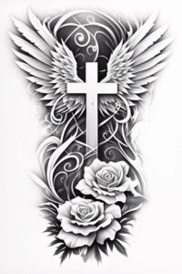 Cross with wings, rose blooms, and decorative swirls in black and grey on white; cover-up ready tattoo idea.
