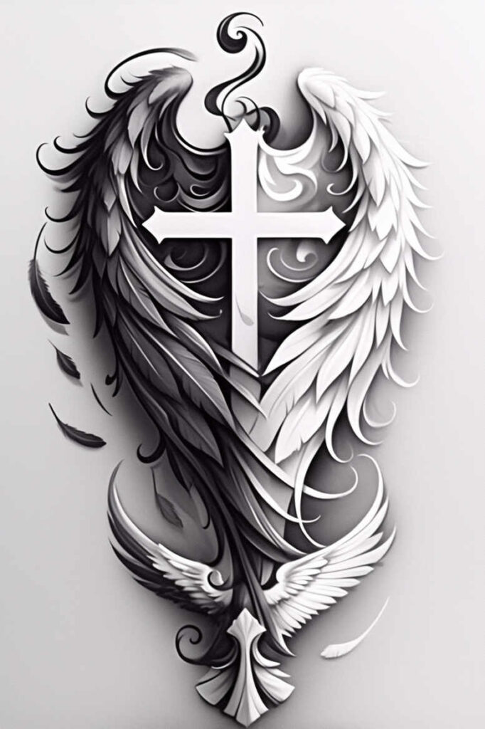 crosses tattoo design ideas layered inks ornamental flourishes for upper arm