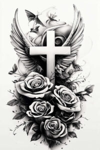 traditional-cross-tattoo – tattoo design ideas free ai generated – surrealism-fantasy-inspired – for-lower-thigh – Gallery: crosses-inkby-ai