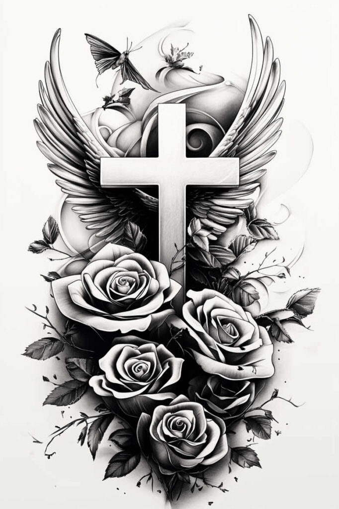 traditional-cross-tattoo – tattoo design ideas free ai generated – surrealism-fantasy-inspired – for-lower-thigh – Gallery: crosses-inkby-ai