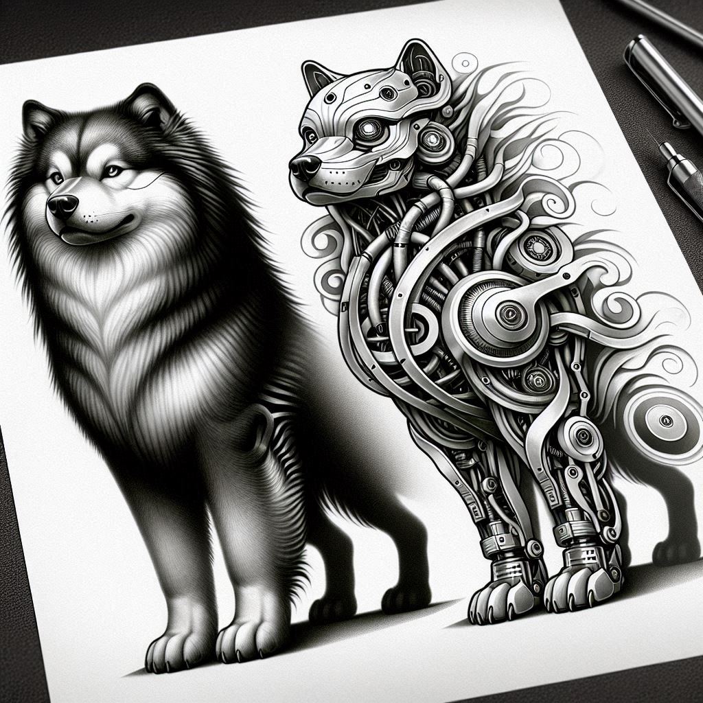 Black and grey wolf beside a cybernetic dog, tattoo design concept, AI-generated tattoo project, suitable for cover-up.