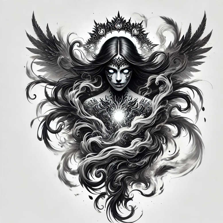Black and grey illustration of a winged woman with a crown, smoky swirls, and a glowing orb at the chest; tattoo project idea suitable for a cover-up.