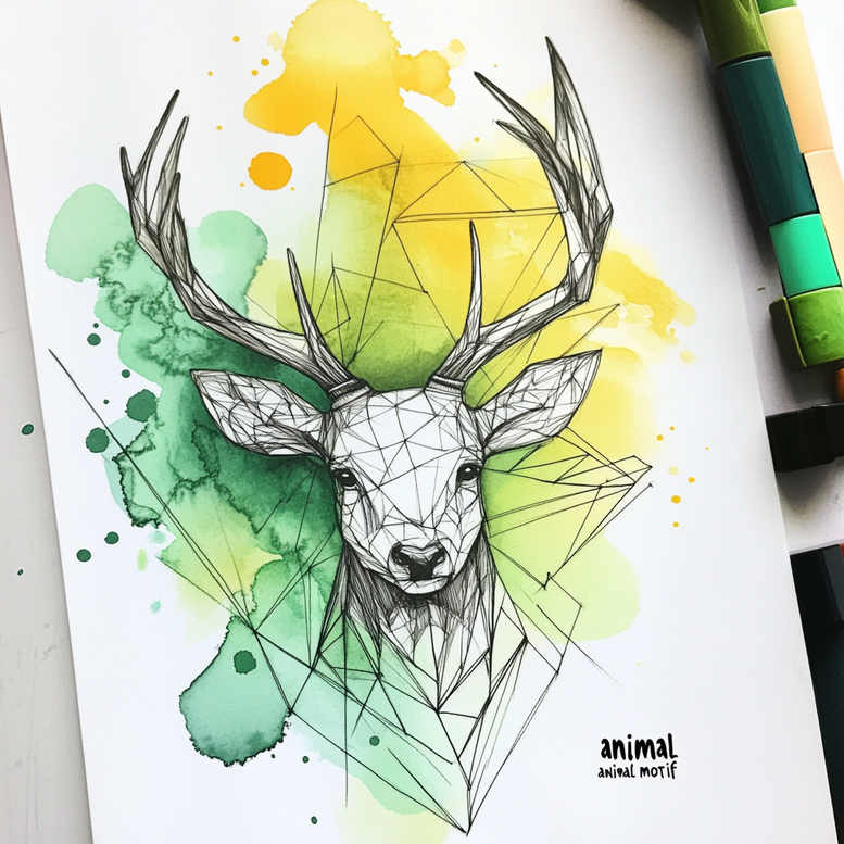 Deer head with geometric facets and antlers in black ink on green and yellow watercolor background; project idea; not ideal for cover-up; pattern.