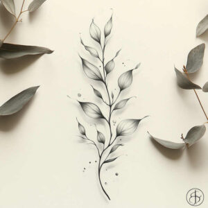 Black and grey botanical branch with fine-line leaves; tattoo design concept, branch and leaves visible, subtle shading; not ideal for cover-up.