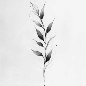 Stem and leaves in black and grey with dotted accents; tattoo design project, not specifically a cover-up.