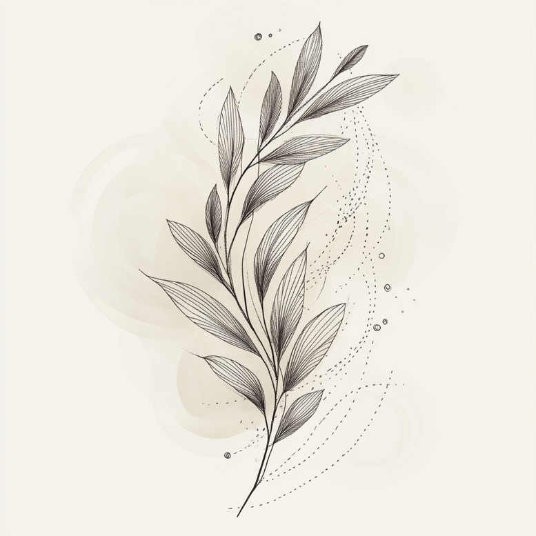Branch, leaves, and dots in black ink on a cream background; black and grey; AI-generated tattoo project; pattern; not a cover-up.