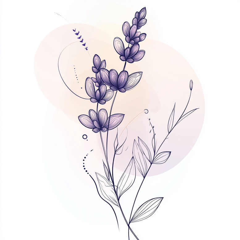 Purple ink line art of flower, stem, and leaves with circular shapes and dotted accents; tattoo project idea; not suitable for cover-up.