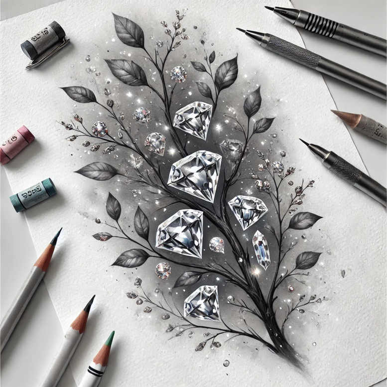 Branch with leaves and diamonds in black and grey; tattoo design project with pencils, markers, and erasers nearby; suitable for cover-up.
