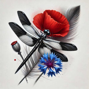 Dragonfly (black and grey) with red poppy bloom, blue flower, poppy bud, and grey feather against a light background; tattoo project idea; not for cover-up.