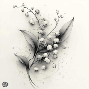 Lily of the valley flowers on stems with leaves in black and grey line art; tattoo project, not suitable for cover-up.