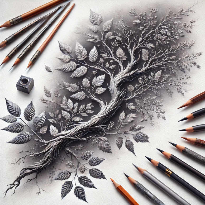 Tree with twisting trunk, branches, and leaves in black and grey; inkpot and pencils surround; AI-generated tattoo project; not specifically a cover-up.