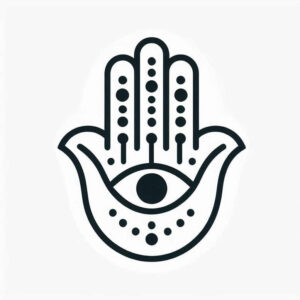 Black ink Hamsa hand outline with eye in the palm and dotted pattern accents; concept tattoo project in black and white; not specifically a cover-up.