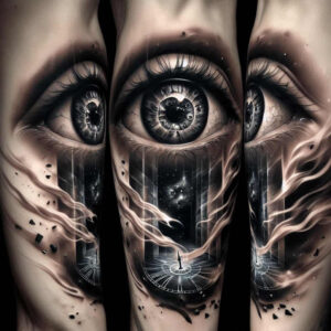 eye-with-reflections – tattoo design ideas free ai generated – surrealism-imperfect-symmetry – for-chest – Gallery: eyes-inkby-ai