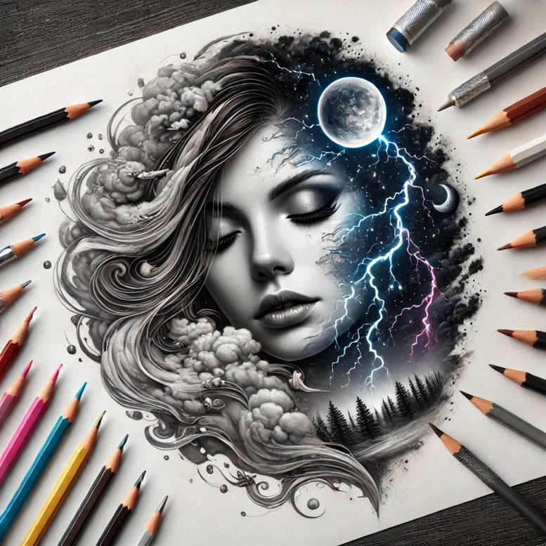 floral-face – tattoo design ideas free ai generated – neotraditional-layered-shading – for-shin – Gallery: faces-inkby-ai