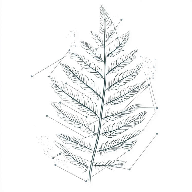 Fern with central stem and arching leaflets in black and grey linework; geometric dots and lines form a constellation-inspired tattoo design concept.