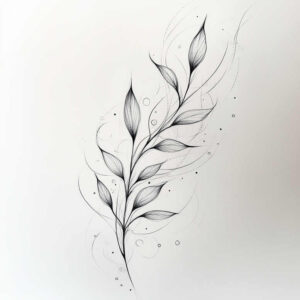 Black and grey branch with alternating leaves and circular, decorative accents; fine line tattoo idea. Project concept, not specifically for cover-up.