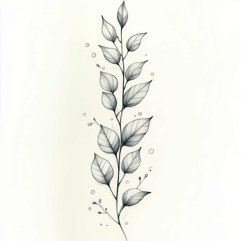 Stem with leaves in black and grey; botanical line art tattoo project idea; not ideal for a cover-up.