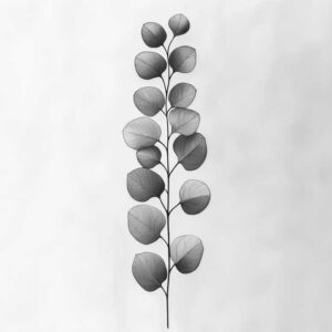 Vertical branch with round leaves in black and grey line art; tattoo design idea; suitable for a cover-up; pattern.