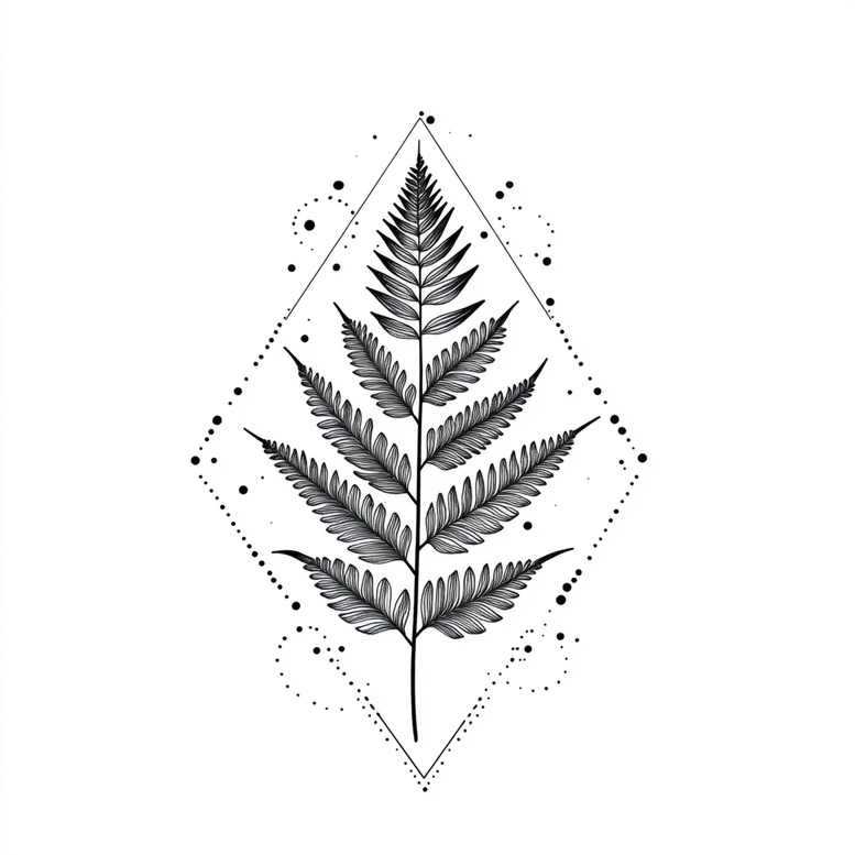 Fern leaf inside a geometric diamond frame in black and grey line art; tattoo design idea; not ideal for cover-up.