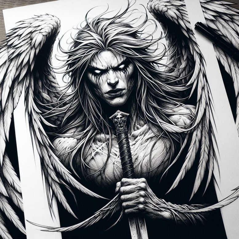 Black and grey wing, sword, face, hair, and torso; tattoo project idea; cover-up suitable; pattern-focused linework.