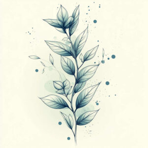 Branch with blue leaves and stem in fine-line ink on a pale background; blue line art; project idea; not intended for cover-up.