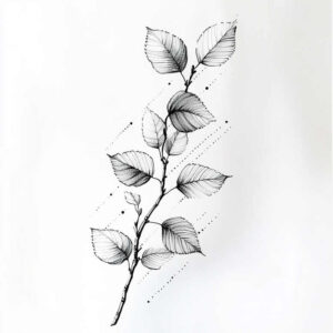 Black and grey branch with leaves in a fine-line botanical style; AI-generated tattoo project; not ideal for cover-up.