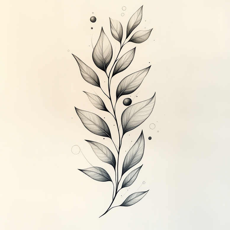Branch and leaves in black and grey; tattoo design idea; not suitable for a cover-up.