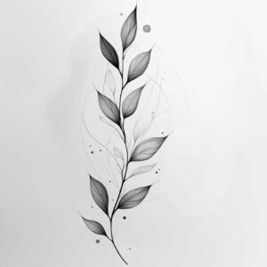 Black and grey fine-line tattoo design: tall stem with leaves, surrounded by circles and dots; project idea; not suitable for cover-up.