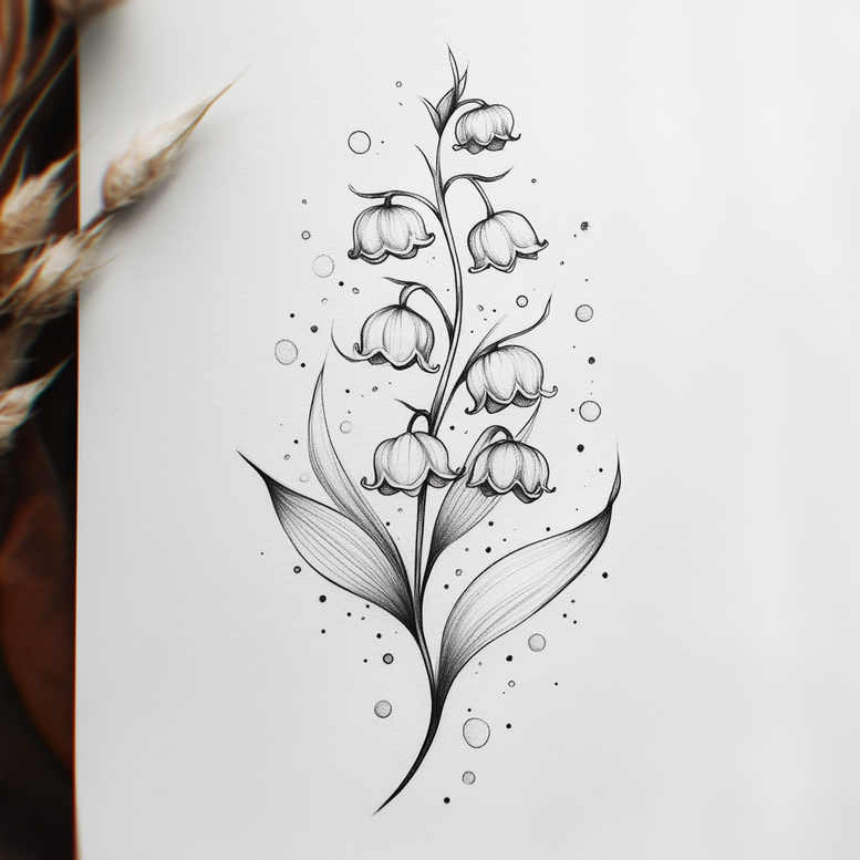 Black and grey lily of the valley flowers on a slender stem with leaves; tattoo design idea; suitable for cover-up.