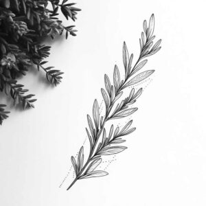 Olive branch with slender leaves in black ink on white background; black and grey; project idea; not ideal for cover-up.