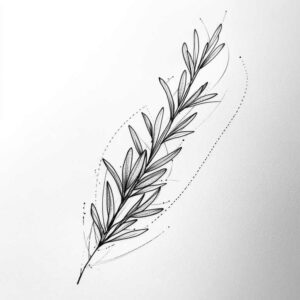 Branch and olive leaves in black and grey; fine line tattoo sketch, project idea, suitable for cover-up.