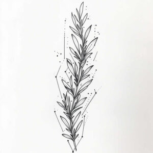 Olive sprig in black ink with slender leaves; fine line tattoo design idea in black and grey, a delicate project not intended as a cover-up.