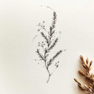 Branch with leaves ink sketch in black and grey; tattoo project idea.