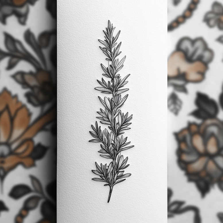 Sprig of rosemary in black and grey fine-line tattoo design on white background; tattoo project idea, not for cover-up.