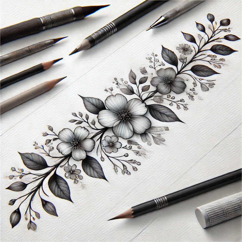 Black and grey flower, leaf, stem, and pencil elements on white background; tattoo design idea; suitable for cover-up.