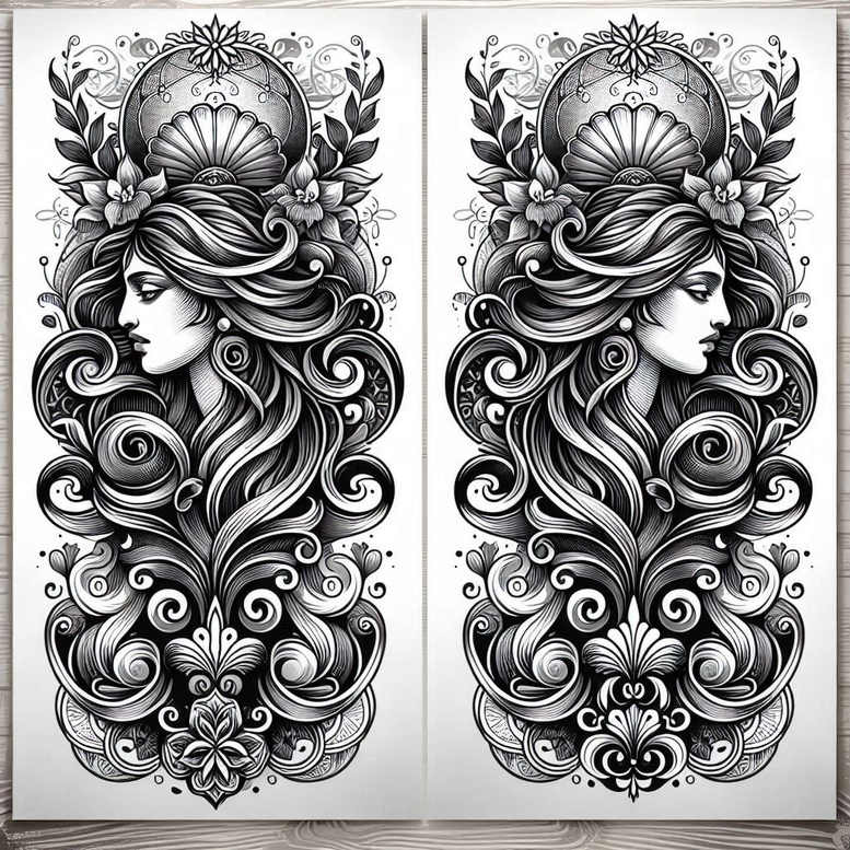 Two mirrored black-and-grey line-art portraits of a woman with flowing hair, floral crown, shells, and ornamental motifs; a cover-up-ready tattoo design concept.
