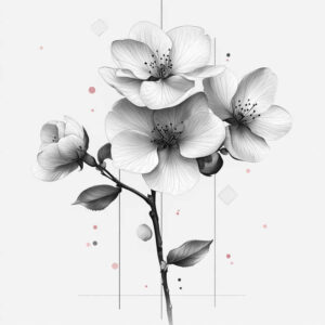 Blossom, branch, and leaf in black and grey; AI-generated tattoo project idea; not ideal for cover-up.