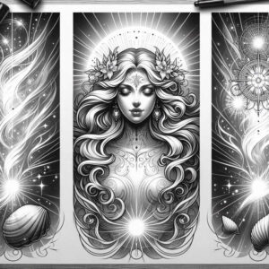 Black and grey tattoo design featuring a central woman with floral crown, ornate chest filigree, halo behind her head, and surrounding celestial orbs, shells, and star accents; project for cover-up.