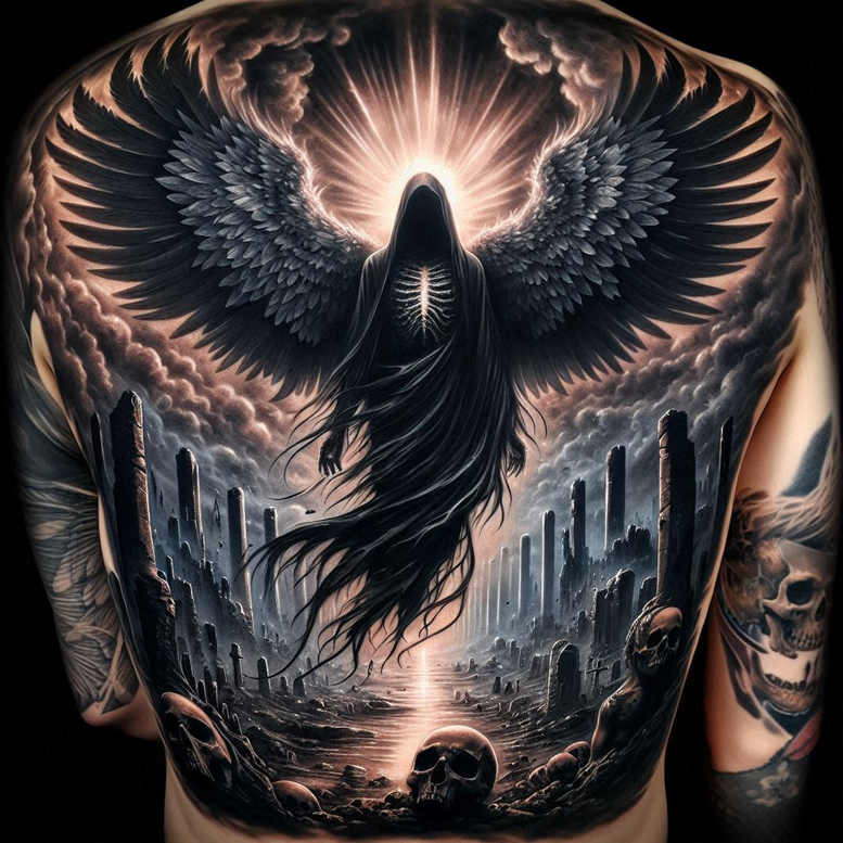 Black and grey back tattoo featuring a hooded figure with wings, skulls, ruined columns, and a halo of light amid dark clouds; a tattoo project; cover-up-ready.