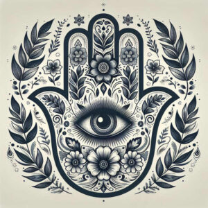 Hamsa hand with eye at center, flowers, leaves, and vines in black and grey; tattoo project, cover-up suitable.