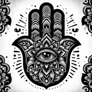 Hand with central eye in a floral mandala, black and grey linework; tattoo project, cover-up suitable.