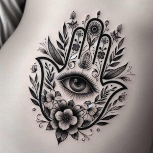 Eye-centered Hamsa hand with flowers, leaves, and vines in black and grey ink; tattoo project; cover-up suitable.