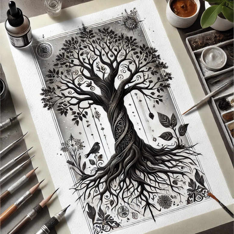 Black and grey tree of life with twisting trunk, roots, leaves, and a bird inside a decorative frame; AI-generated tattoo project; suitable for cover-up.