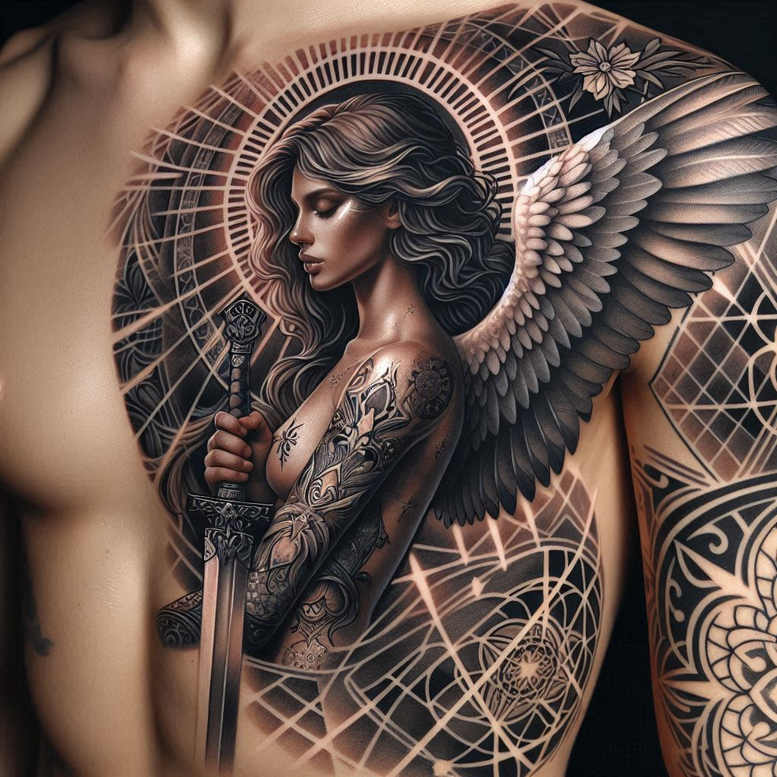 Angel with sword and large wing in black and grey, halo behind, surrounded by geometric patterns; cover-up tattoo design idea.