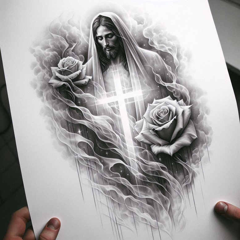 jesus tattoo design ideas Surrealism translucent layers holy figure for back of neck